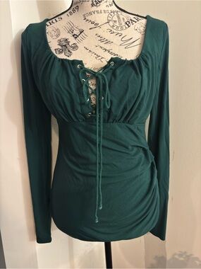 PattyBoutik Deep Teal Lace-Up Long Sleeve Top